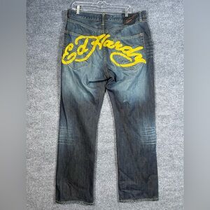 Ed Hardy Mens 36X34  Yellow Logo Dark Wash Denim Distressed Designer Jeans Y2K